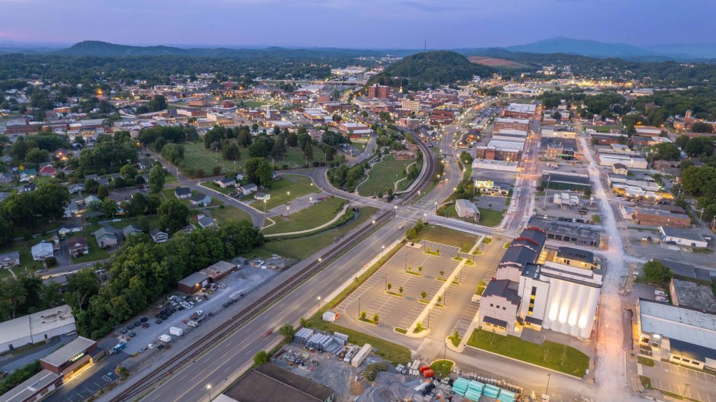 Aerial view of Johnson City Downtown at night