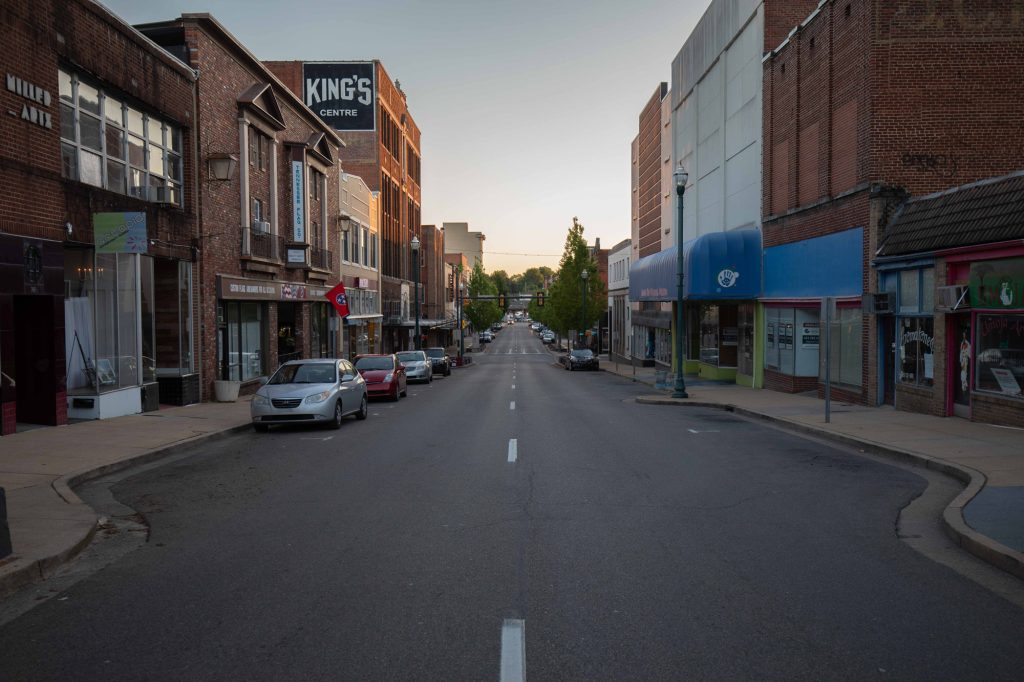 Johnson City Main Street at sunset