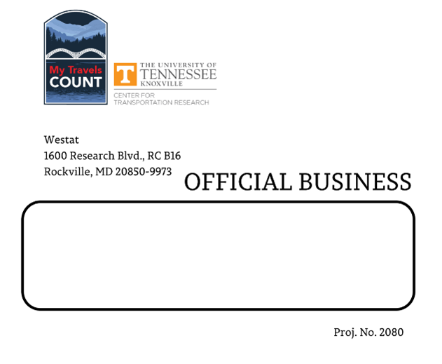 PIcture shows the My Travels Count logo and the University of Tennessee Center for Transportation Research logo and the words Official Business, along with the address of Westat