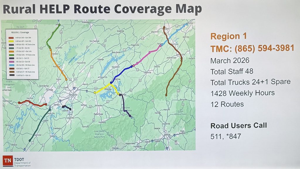 A map that shows the interstates 81 and 26 being divided into sections that will be patroled by one crew. There are 12 sections, or routes.