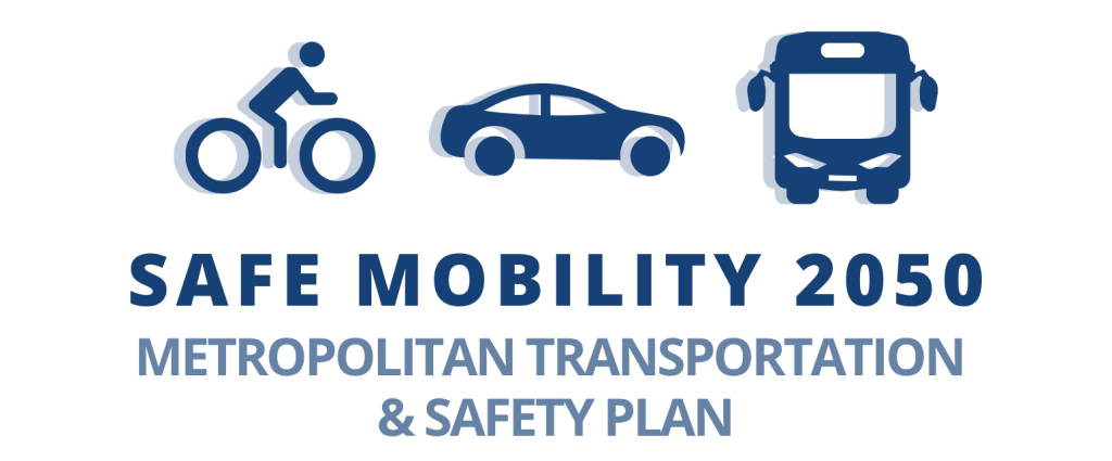 Logo is navy blue, with three icons shown at the top - a person riding a bicycle, a sedan car, and a bus. The words, in all caps, below are "Safe Mobility 2050, Metropolitan Transportation and Safety Plan."