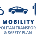 Logo is navy blue, with three icons shown at the top - a person riding a bicycle, a sedan car, and a bus. The words, in all caps, below are "Safe Mobility 2050, Metropolitan Transportation and Safety Plan."