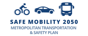 Logo is navy blue, with three icons shown at the top - a person riding a bicycle, a sedan car, and a bus. The words, in all caps, below are "Safe Mobility 2050, Metropolitan Transportation and Safety Plan."