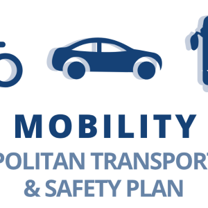 Logo is navy blue, with three icons shown at the top - a person riding a bicycle, a sedan car, and a bus. The words, in all caps, below are "Safe Mobility 2050, Metropolitan Transportation and Safety Plan."