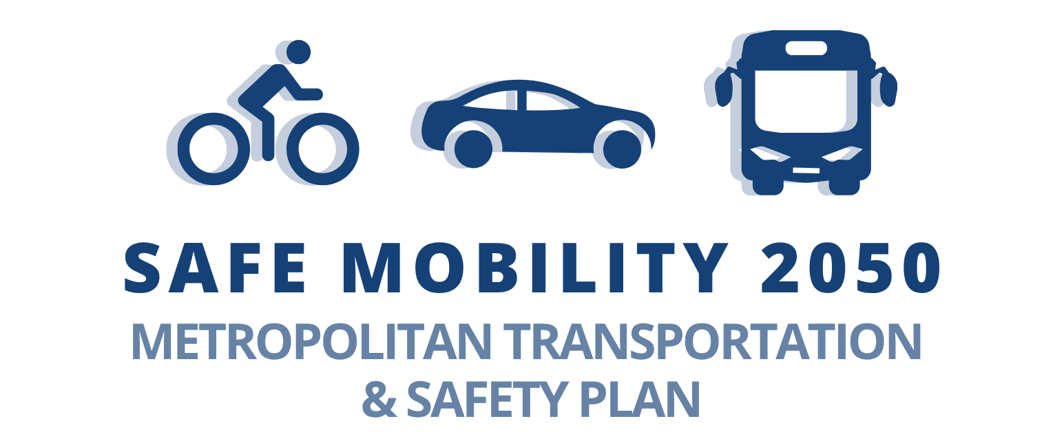 Logo is navy blue, with three icons shown at the top - a person riding a bicycle, a sedan car, and a bus. The words, in all caps, below are "Safe Mobility 2050, Metropolitan Transportation and Safety Plan."
