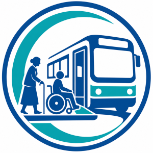 A circular logo in blue and teal colors showing a transit bus with a silhouette of a person in a wheelchair and an elderly lady using a cane.